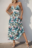 Green Floral Halter A Line Long Summer Dress with Lace