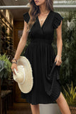 Black Satin V-Neck A Line Pleated Short Summer Dress
