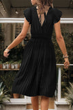 Black Satin V-Neck A Line Pleated Short Summer Dress
