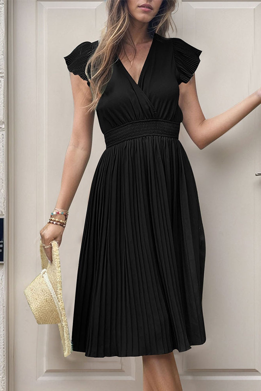 Black Satin V-Neck A Line Pleated Short Summer Dress