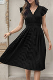 Black Satin V-Neck A Line Pleated Short Summer Dress