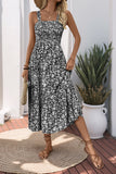 Black Floral A Line Square Neck Long Summer Dress