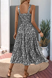 Black Floral A Line Square Neck Long Summer Dress
