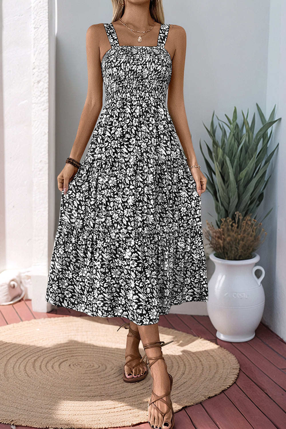 Black Floral A Line Square Neck Long Summer Dress