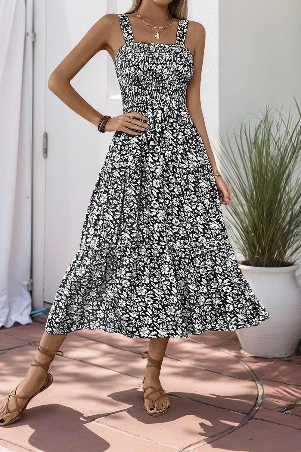 Black Floral A Line Square Neck Long Summer Dress