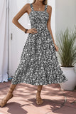 Black Floral A Line Square Neck Long Summer Dress
