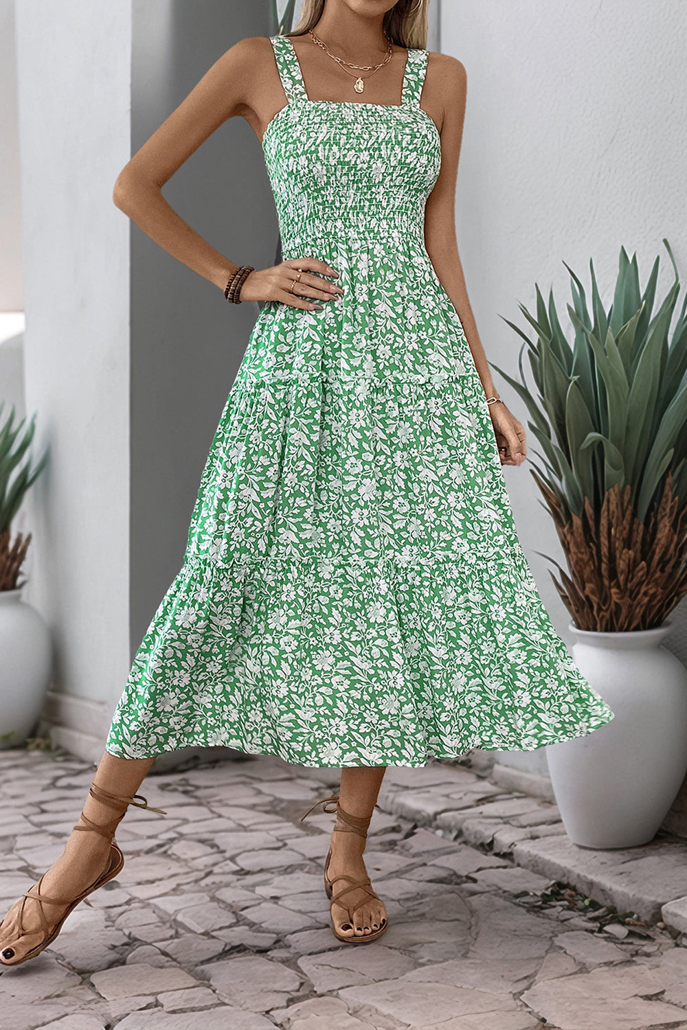 Black Floral A Line Square Neck Long Summer Dress