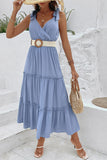 Grey Blue V-Neck A Line Ruffled Summer Dress with Belt