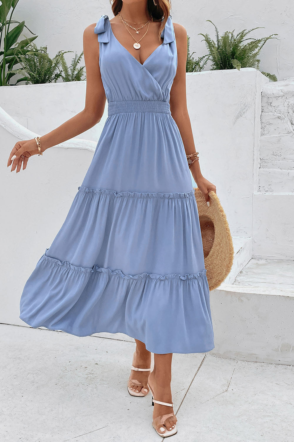 Grey Blue V-Neck A Line Ruffled Summer Dress with Belt