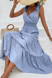Grey Blue V-Neck A Line Ruffled Summer Dress with Belt