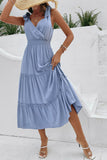 Grey Blue V-Neck A Line Ruffled Summer Dress with Belt