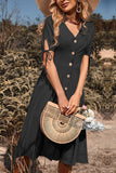 Black V-Neck A Line Short Sleeves Midi Summer Dress with Buttons