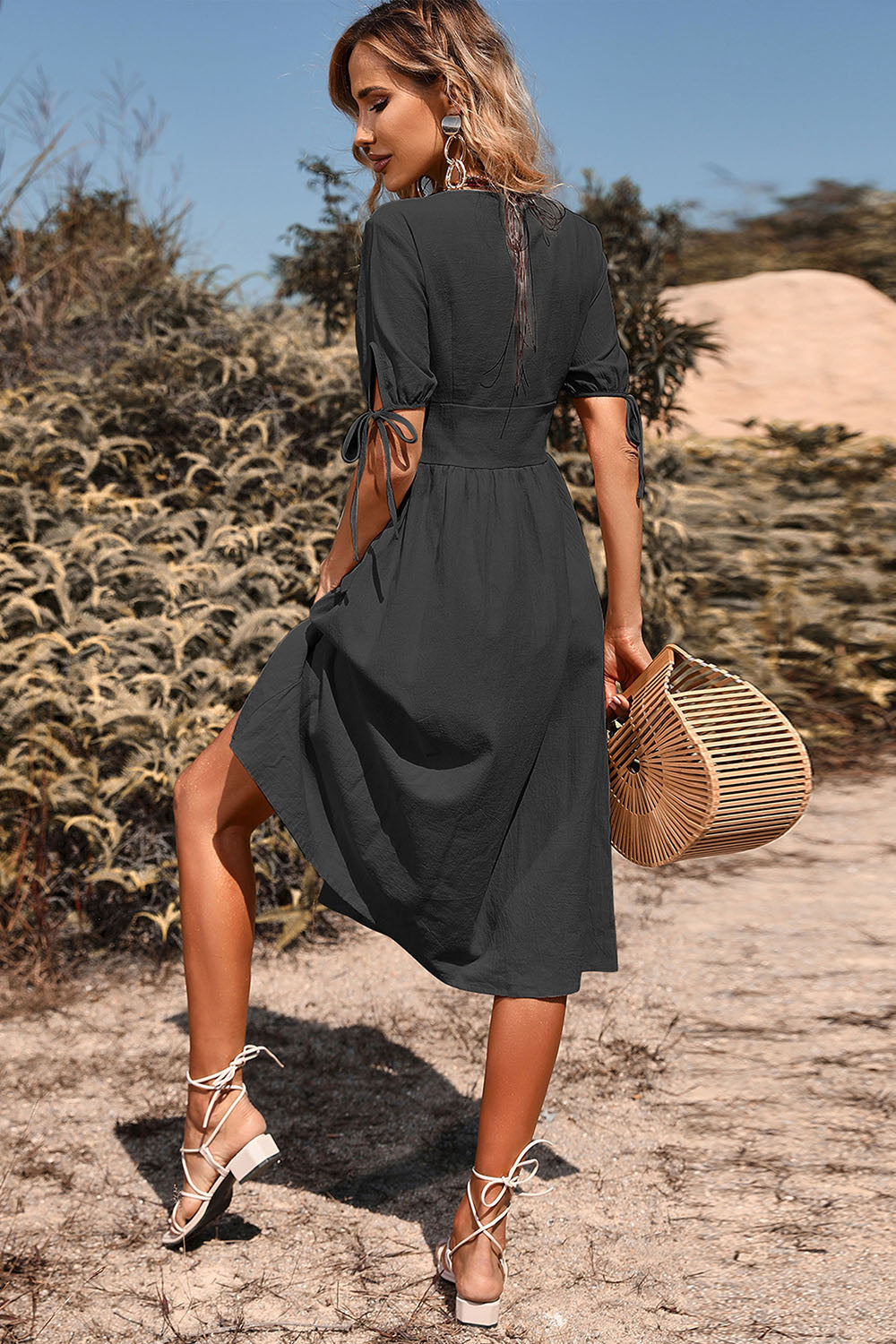 Black V-Neck A Line Short Sleeves Midi Summer Dress with Buttons