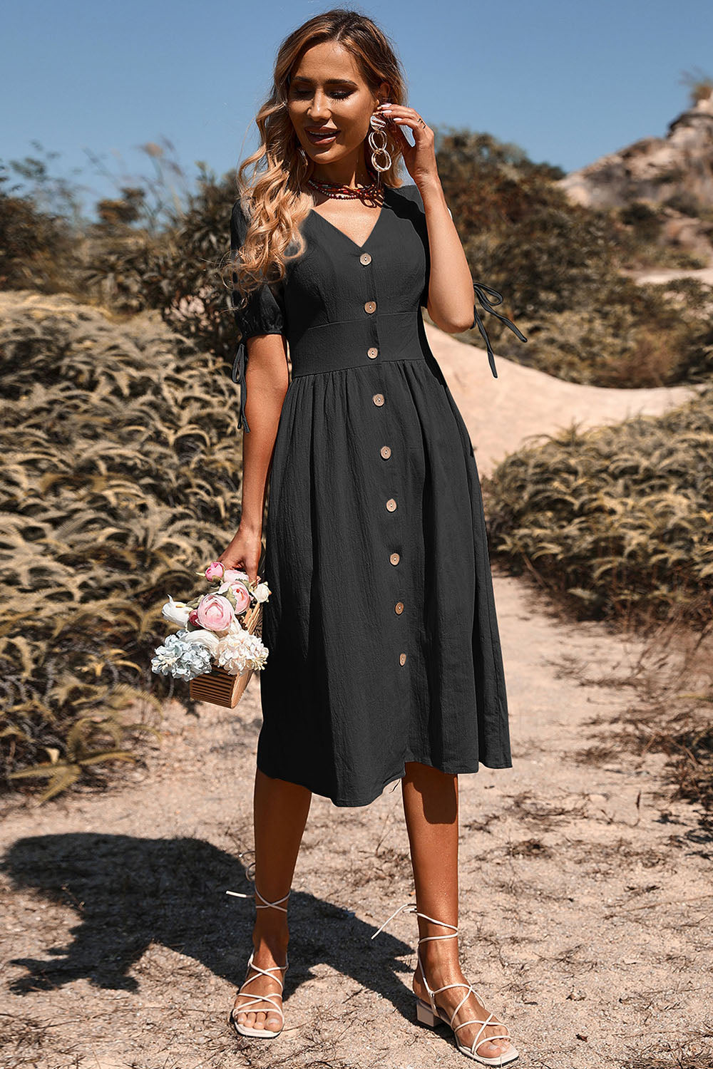 Black V-Neck A Line Short Sleeves Midi Summer Dress with Buttons