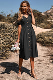 Black V-Neck A Line Short Sleeves Midi Summer Dress with Buttons