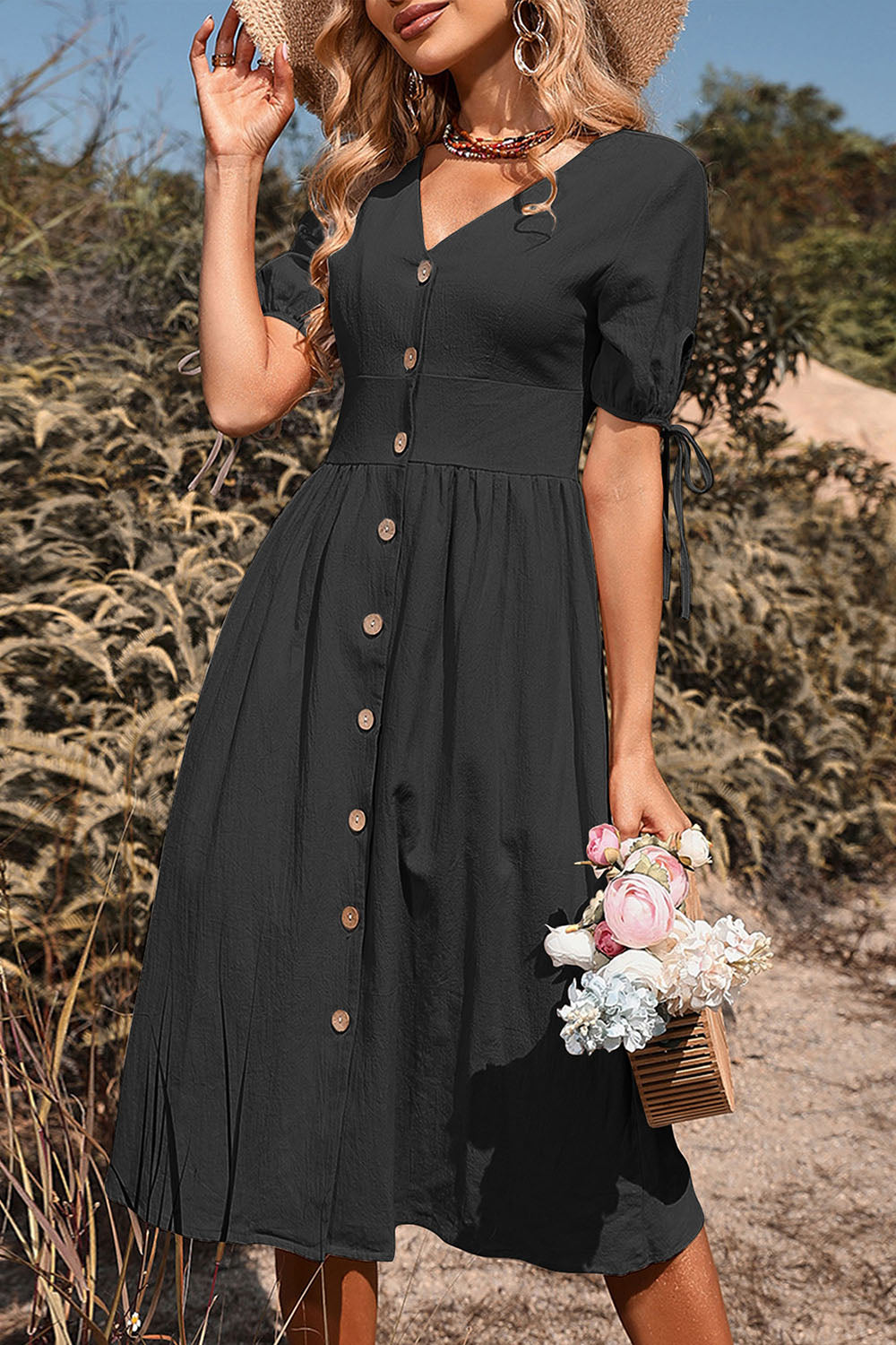 Black V-Neck A Line Short Sleeves Midi Summer Dress with Buttons