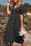 Black V-Neck A Line Short Sleeves Midi Summer Dress with Buttons