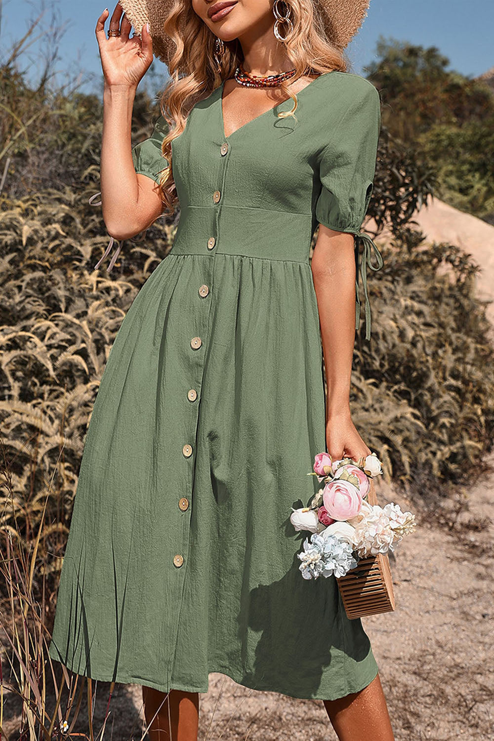 Black V-Neck A Line Short Sleeves Midi Summer Dress with Buttons