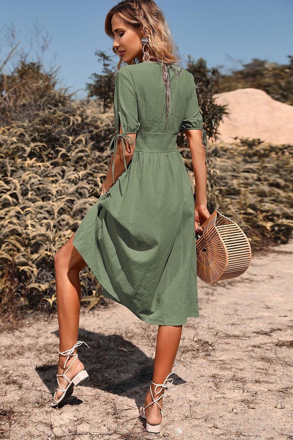 Black V-Neck A Line Short Sleeves Midi Summer Dress with Buttons