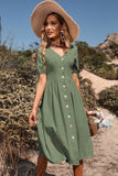 Black V-Neck A Line Short Sleeves Midi Summer Dress with Buttons