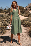 Black V-Neck A Line Short Sleeves Midi Summer Dress with Buttons