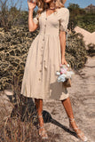 Black V-Neck A Line Short Sleeves Midi Summer Dress with Buttons