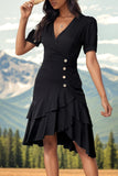 Black V-Neck A Line Ruffled Midi Summer Dress with Short Sleeves