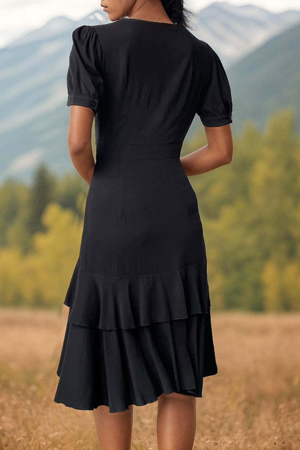 Black V-Neck A Line Ruffled Midi Summer Dress with Short Sleeves