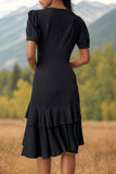 Black V-Neck A Line Ruffled Midi Summer Dress with Short Sleeves