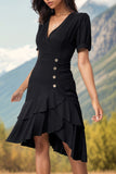 Black V-Neck A Line Ruffled Midi Summer Dress with Short Sleeves