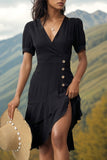 Black V-Neck A Line Ruffled Midi Summer Dress with Short Sleeves