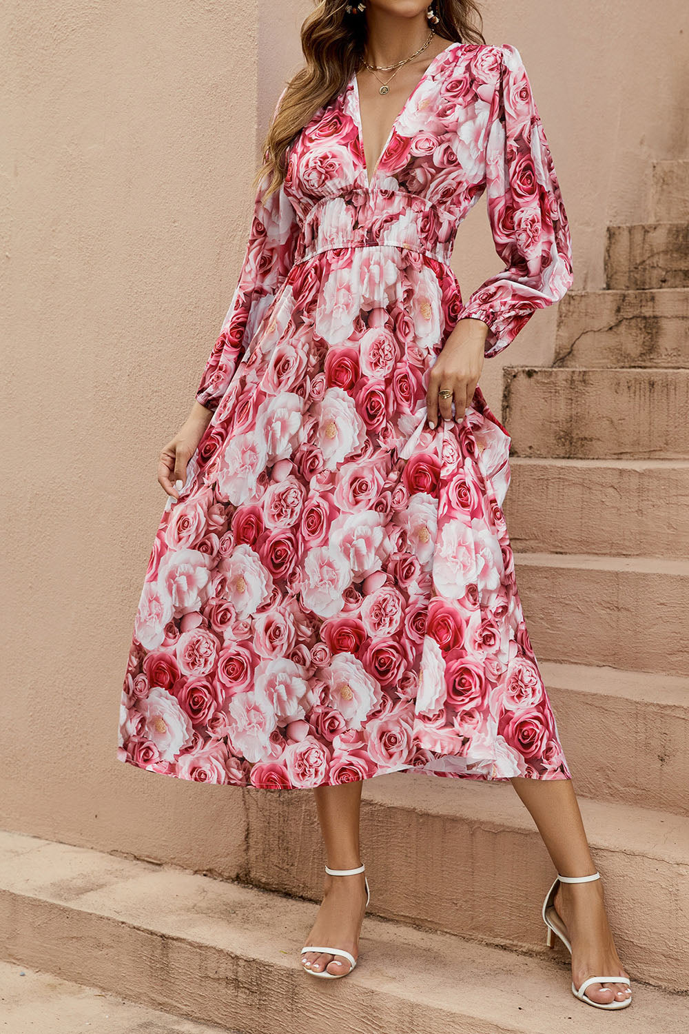 Red Floral V-Neck A Line Long Summer Dress with Long Sleeves