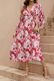 Red Floral V-Neck A Line Long Summer Dress with Long Sleeves