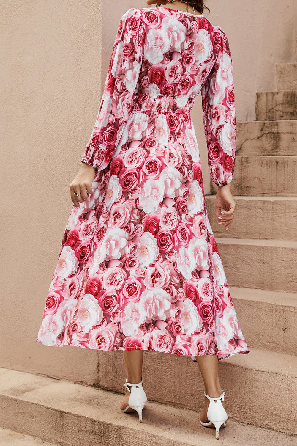 Red Floral V-Neck A Line Long Summer Dress with Long Sleeves