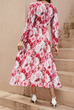 Red Floral V-Neck A Line Long Summer Dress with Long Sleeves