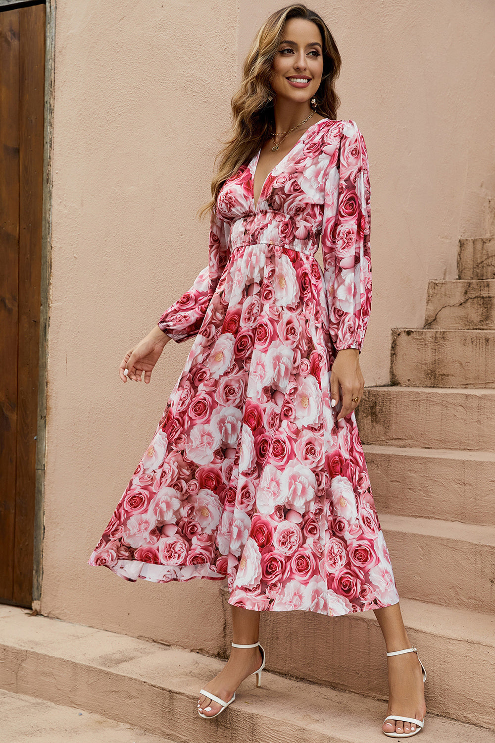 Red Floral V-Neck A Line Long Summer Dress with Long Sleeves