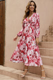 Red Floral V-Neck A Line Long Summer Dress with Long Sleeves
