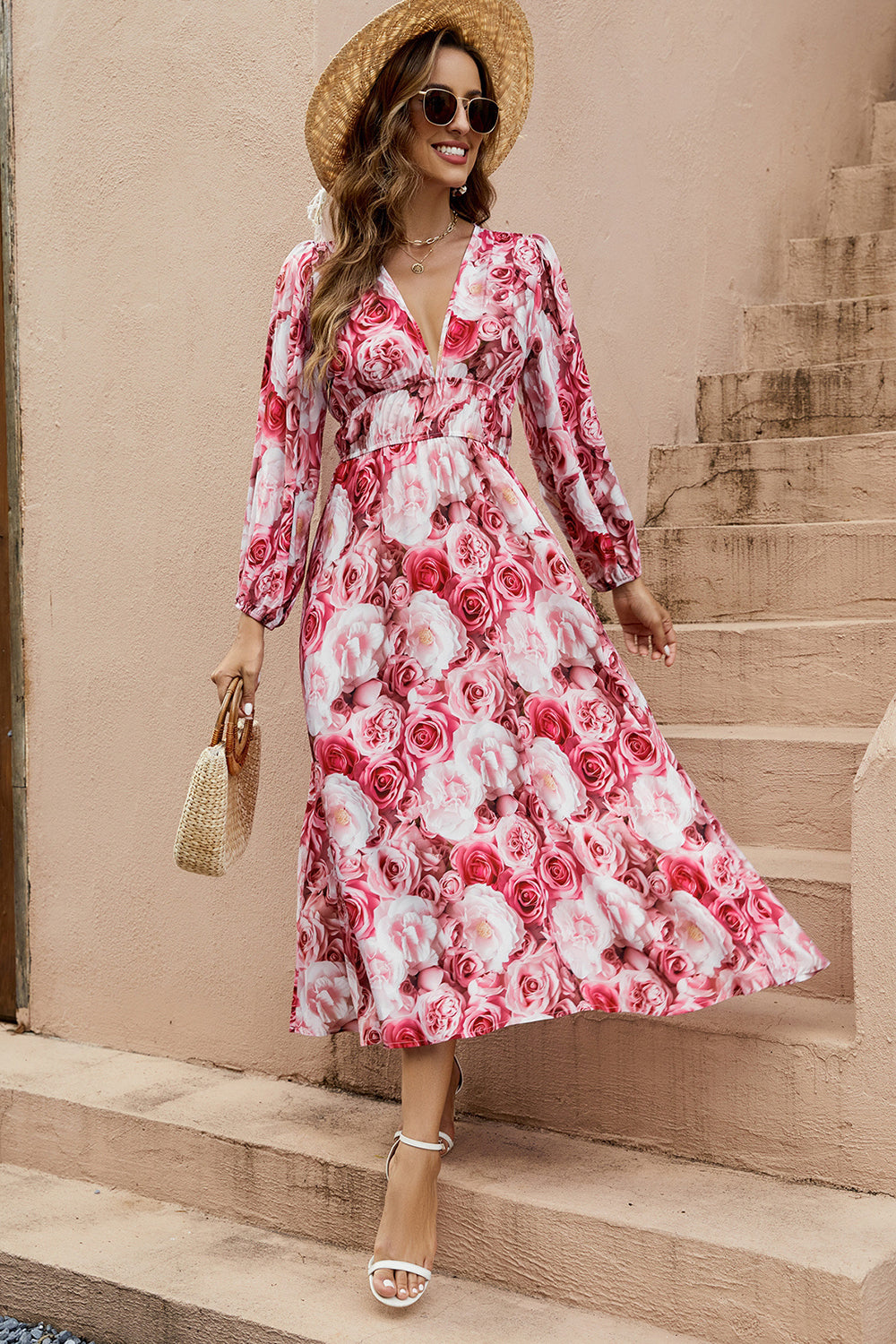 Red Floral V-Neck A Line Long Summer Dress with Long Sleeves