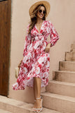 Red Floral V-Neck A Line Long Summer Dress with Long Sleeves