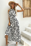 Black Floral A Line High Neck Long Summer Dress with Sash