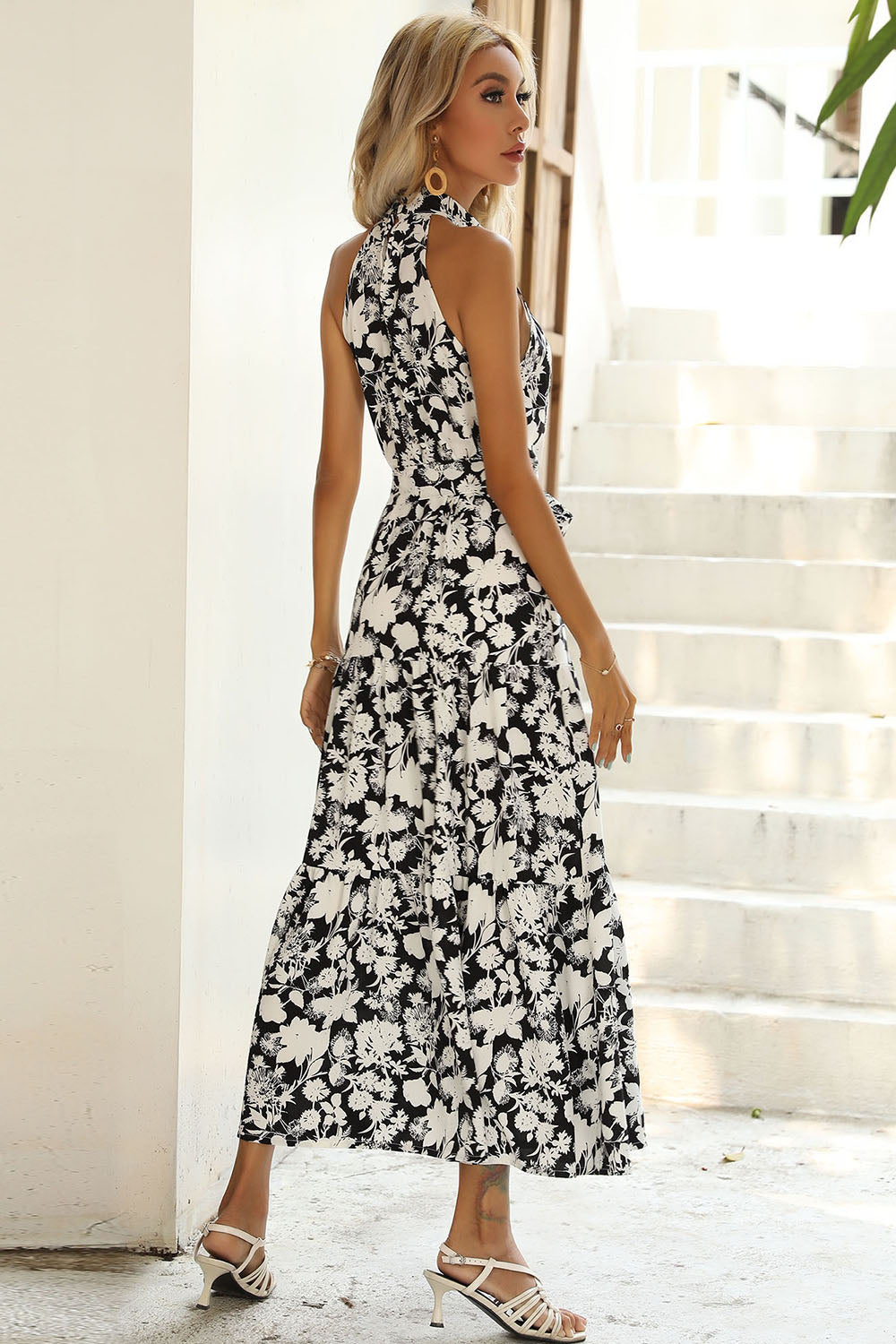 Black Floral A Line High Neck Long Summer Dress with Sash