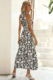 Black Floral A Line High Neck Long Summer Dress with Sash