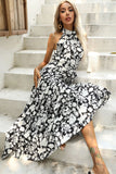 Black Floral A Line High Neck Long Summer Dress with Sash