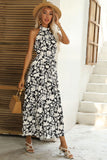 Black Floral A Line High Neck Long Summer Dress with Sash