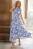 Black Floral A Line High Neck Long Summer Dress with Sash