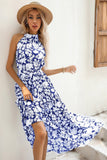 Black Floral A Line High Neck Long Summer Dress with Sash