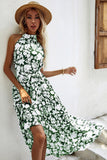 Black Floral A Line High Neck Long Summer Dress with Sash