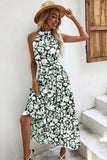 Black Floral A Line High Neck Long Summer Dress with Sash
