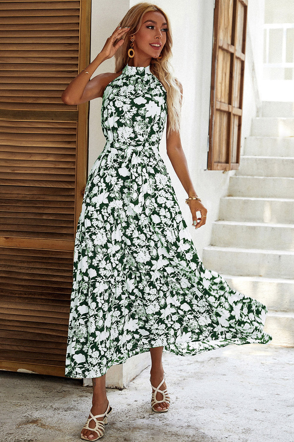 Black Floral A Line High Neck Long Summer Dress with Sash