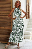 Black Floral A Line High Neck Long Summer Dress with Sash